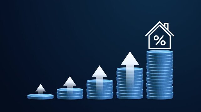 Real estate interest rates and mortgage costs with stacked coins and upward arrows. Concept of property value growth, mortgage costs, money savings, investment trends and wealth building