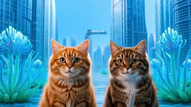 Two Cats Sitting in a Surreal Futuristic Cityscape with Flying Ships