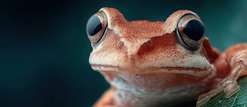 A close-up portrait of an orange frog with large, dark eyes