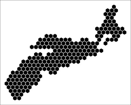 Nova Scotia simple black and white hexagon map shape template. Province plain hexagon cell dots. Nova Scotia flat honeycomb boundary. Vector Illustration.