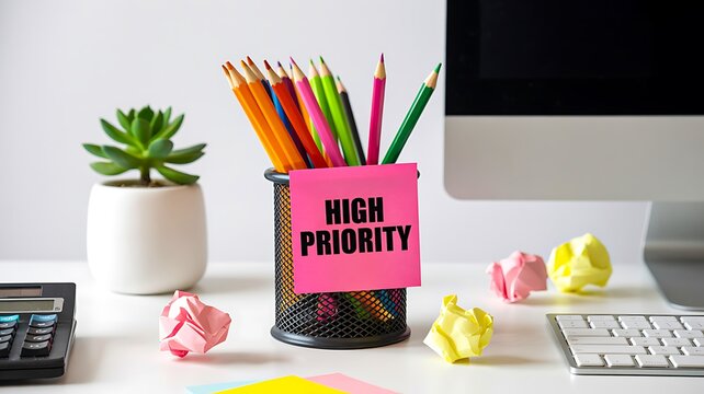 High priority note with office supplies on desk representing task management and productivity concept