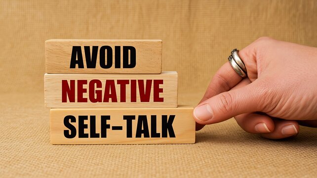 Avoid negative self talk message on wooden blocks representing positive mindset and mental health awareness concept