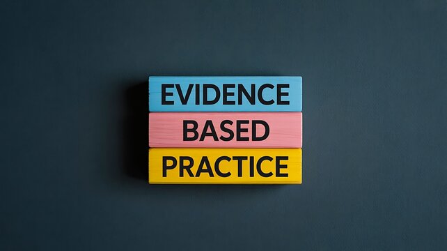 Evidence based practice concept with colorful text blocks representing research and healthcare decision making