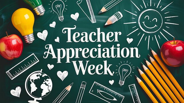 Teacher appreciation week text with school supplies doodles on green chalkboard 