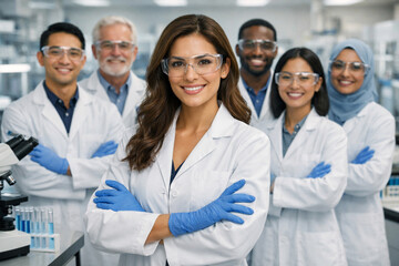 Fototapeta premium Confident female scientist leading diverse research team in modern laboratory, standing among advanced equipment, showcasing innovation, teamwork, healthcare, biotechnology and professional excellence