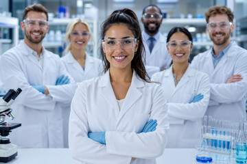 Fototapeta premium Confident female scientist leading diverse research team in modern laboratory, standing among advanced equipment, showcasing innovation, teamwork, healthcare, biotechnology and professional excellence