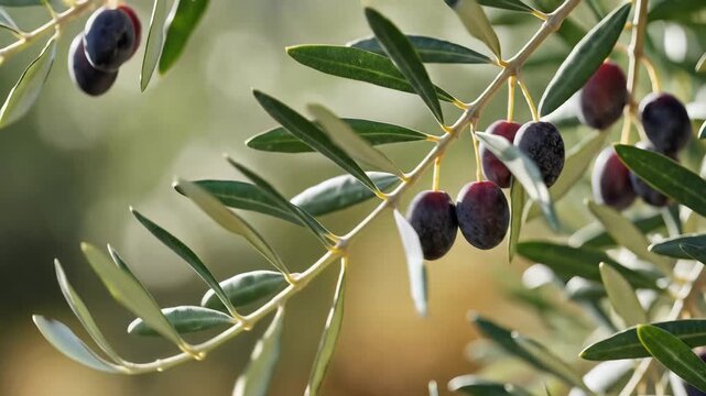 Closeup of ripe black olives hanging on an olive tree branch.