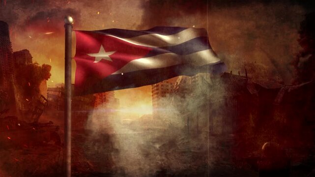 uba Flag with Cinematic Apocalypse Scene and Burning City
