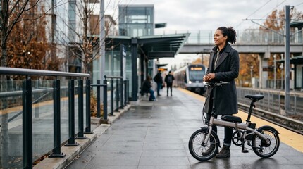 Obraz premium Smiling young woman with a folding electric bicycle waiting on a modern train station platform during autumn