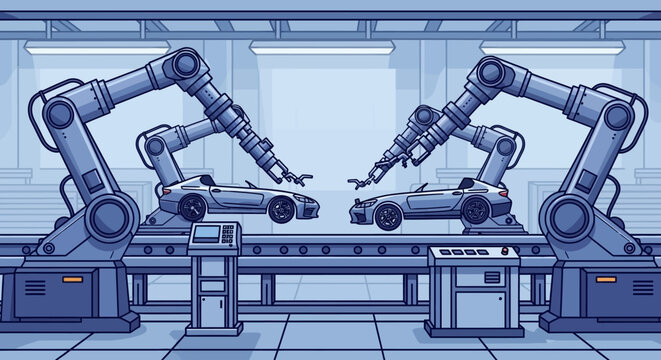 Robotic arms assemble cars on a production line in a factory setting with machinery
