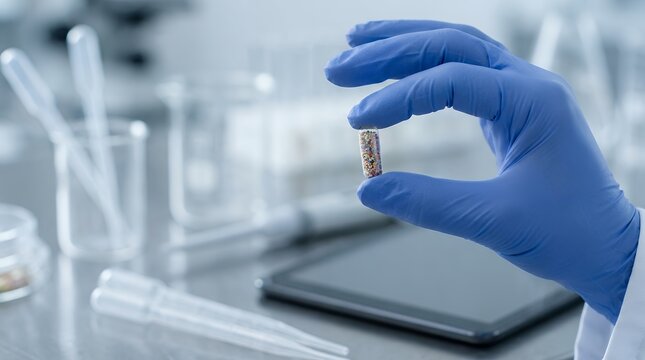 A gloved hand carefully holds a clear capsule filled with colorful microparticles surrounded by laboratory equipment and a tablet 168 characters science research medicine