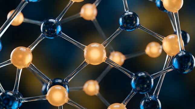 Close up of a molecular structure with interconnected blue and yellow spheres linked by transparent rods showcasing scientific complexity molecule science atomic chemical