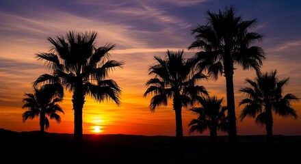 Fototapeta na wymiar Palm trees stand as dark silhouettes against a vibrant orange sunset.