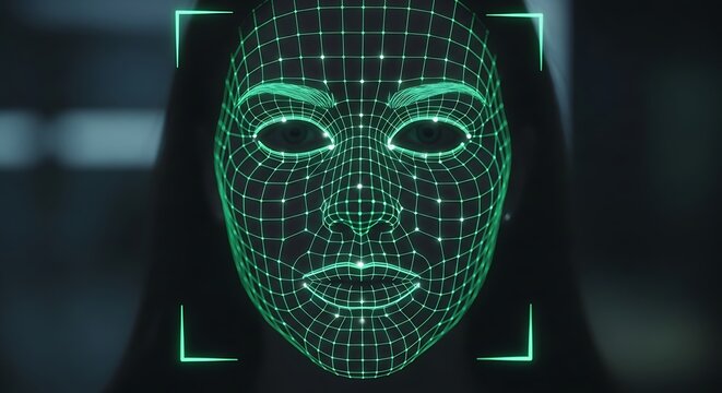 Face recognition software scans a human visage with digital grid.