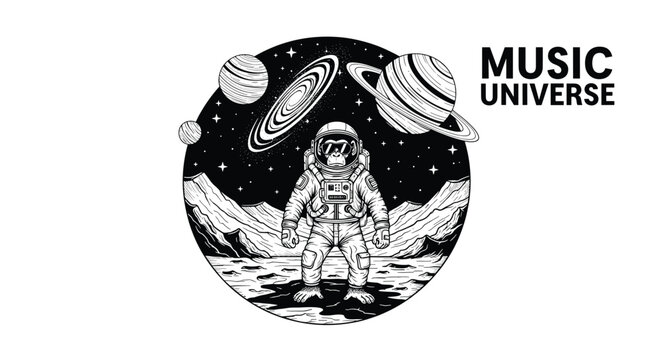 Artistic black and white illustration of an astronaut monkey standing on the moon with Saturn in space.