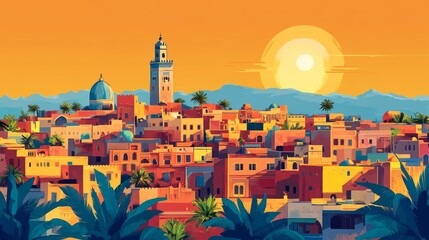 Obraz premium Fez Morocco Poster Illustration Travel Print Decor Gift Paper Canvas Wall Retro Art