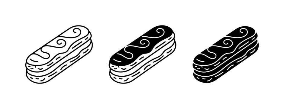 Eclair Icons Set, Sweet Pastry Vector Graphics, Chocolate Dessert Illustrations