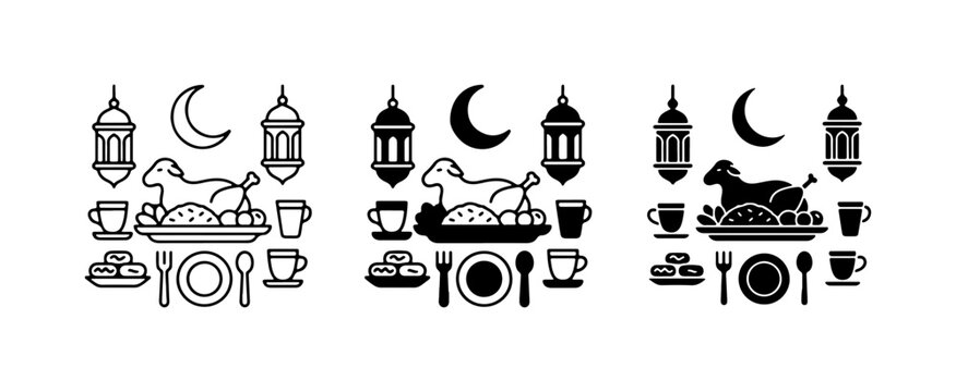 Ramadan Lanterns and Food Icon Set