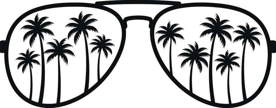 Black and white aviator sunglasses reflecting palm trees tropical vacation style summer accessory illustration