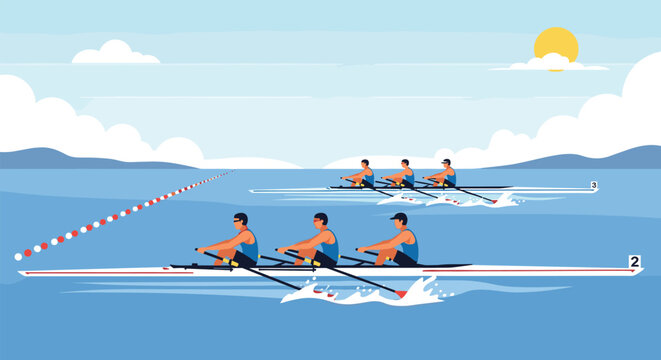 Two teams of professional rowers compete in a synchronized race on a calm blue lake during a bright sunny day with a visible finish line.