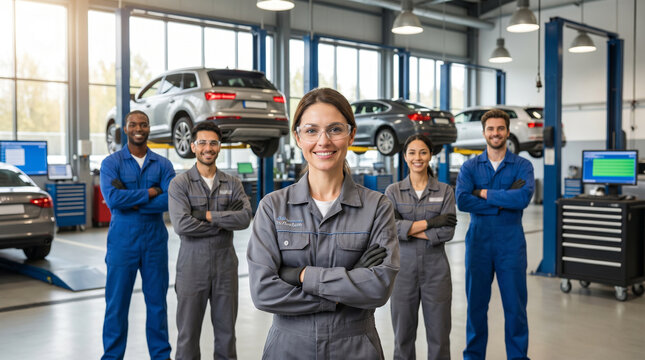 Confident female mechanic leading diverse automotive repair team in modern workshop, standing before lifted cars, showcasing teamwork, technical expertise, service quality, leadership in auto industry