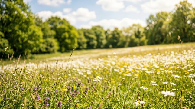 Peaceful vista of a blooming daisy glade surrounded by trees.