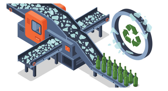 Industrial recycling process features conveyor belts carrying broken glass pieces to be transformed back into new green glass bottles.