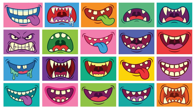Collection of Colorful Cartoon Monster Mouths and Scary Expression Stickers for Character Design