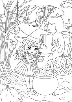 little Witch Preparing a Potion Adult Coloring Page with spooky backround vecter design