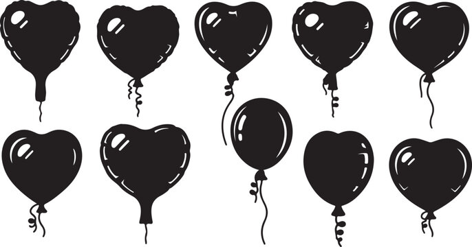 Black heart balloon vector icons set, glossy romantic party balloons with ribbons, 10 decorative balloon silhouettes for wedding and valentine design