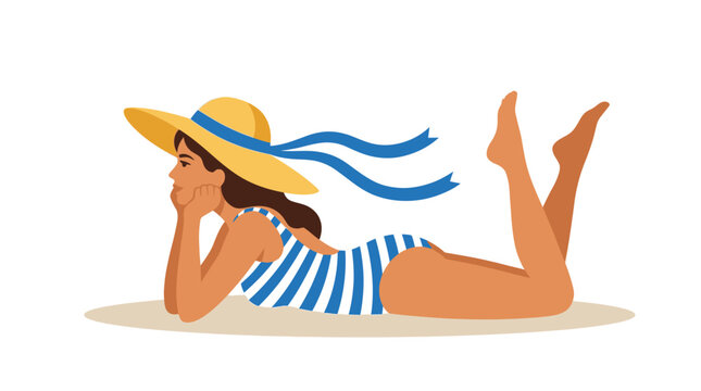 Woman in Striped Swimsuit and Yellow Sunhat Sunbathing on Beach Sand Flat Illustration for Summer Vacation and Travel Concept
