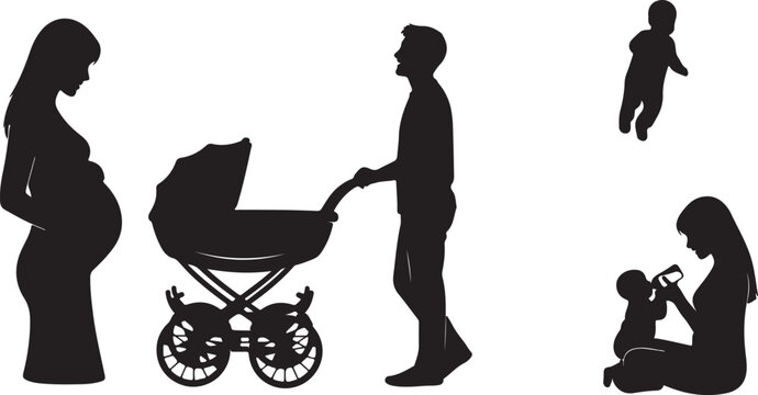 Family life silhouettes with pregnant woman and baby stroller, father pushing pram, mother feeding infant, parenting and maternity vector set