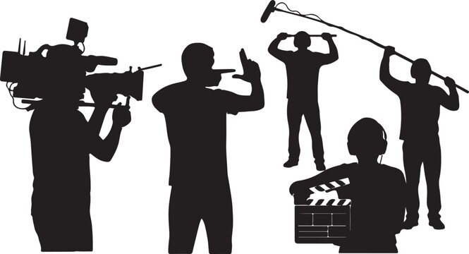 Professional film crew silhouettes, movie production team with camera operator and sound engineer, cinema industry staff vector set