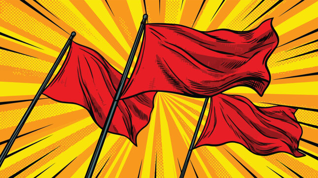 Red flags warning sign in pop art comic style with sunburst background for symbolic alert or victory concepts