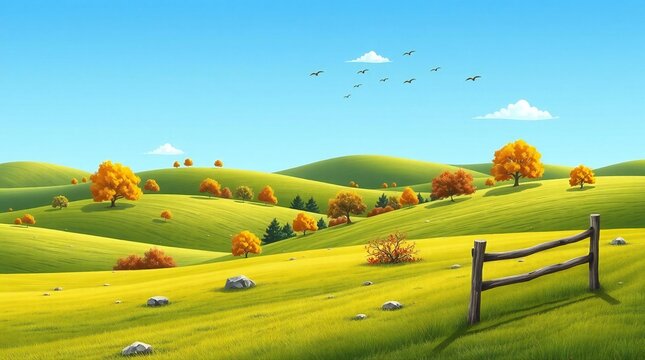 Vibrant autumn landscape with rolling hills and a rustic fence