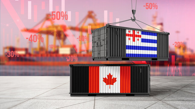 Global Trade Dynamics: Two shipping containers, one emblazoned with the flag of Canada, the other representing a country, are suspended amidst a bustling port.