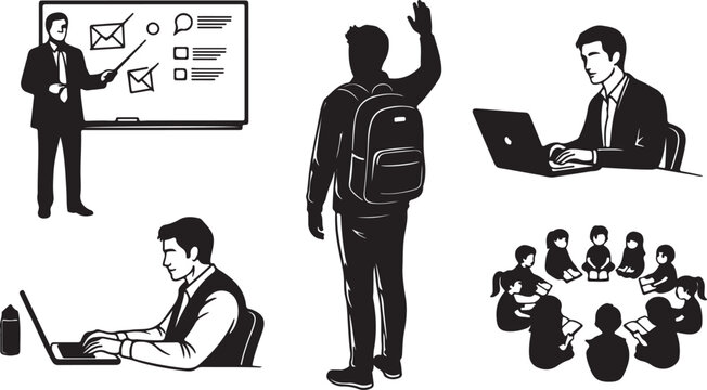 Education and business vector set, professional teacher presenting on whiteboard, student with backpack, people working on laptops and group meeting