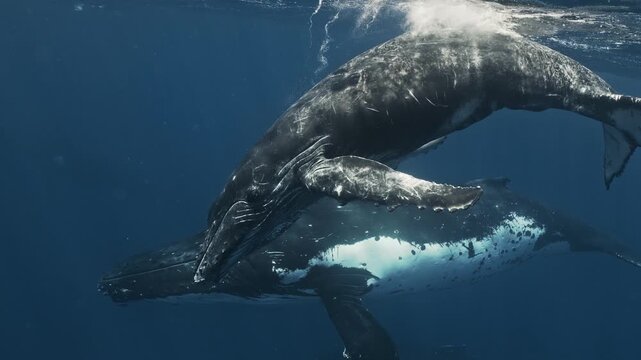 Underwater humpback whale herd swimming very close to camera together with newborn calf. Many whales playing swimming. Tender moment of new family. Amazing wildlife marine nature animals shot.