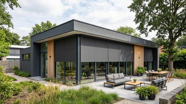 Luxury outdoor living space showcasing stylish patio furniture and architectural details.