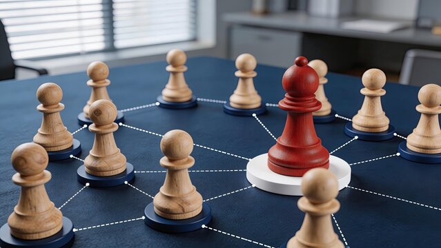 Red chess piece leading wooden pawns on blue table with white dotted lines in office background business strategy concept leadership team management corporate planning success