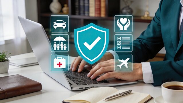 Businessman typing on laptop with insurance icons security shield health care family protection travel auto checklist modern office digital concept online policy financial safety