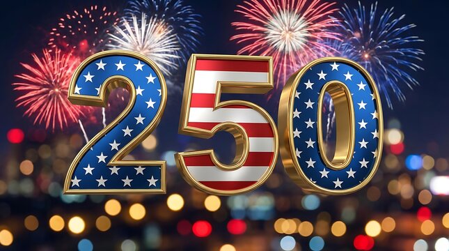 Festive 250th anniversary celebration with patriotic numbers and vibrant fireworks display at night