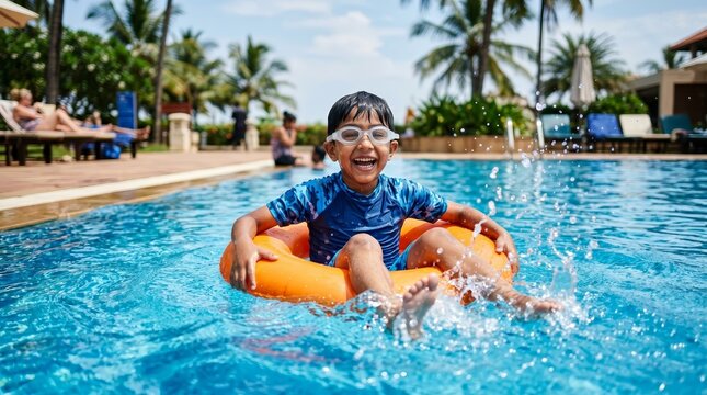Happy Indian boy swimming with an orange inflatable ring in a blue pool.