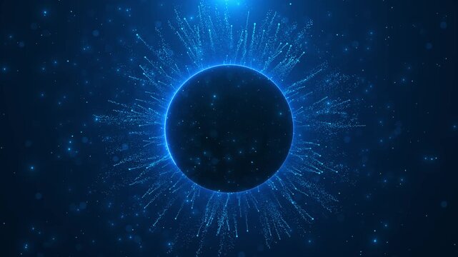 Blue particle eclipse background dark circular center, glowing rim, radial dust trails, cosmic technology depth. for sci fi videos, AI promos, space intros, energy effects, and digital overlays.