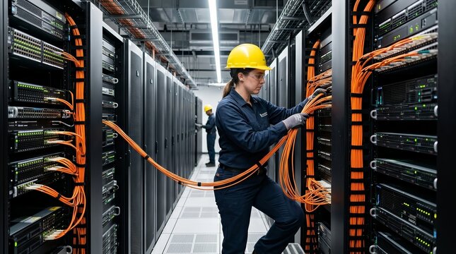 Detailed view of a network technician performing fiber optic cable management.