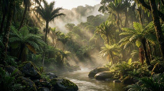 Fantasy adventure background with mossy rocks and primeval flora.