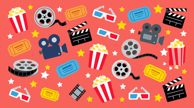 Cinema Movie Night Fun Pattern with Popcorn Tickets 3D Glasses and Film Reels on Red Background
