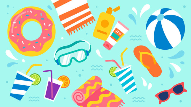 Summer beach vacation essentials colorful flat lay illustration with beach ball sunglasses and drinks