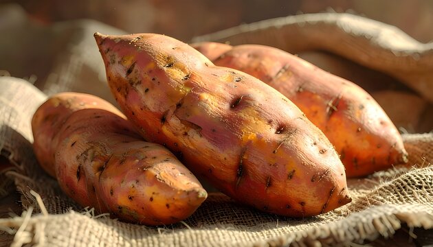 Three fresh sweet potatoes with orange skin and some dirt on them, lying on a burlap fabric