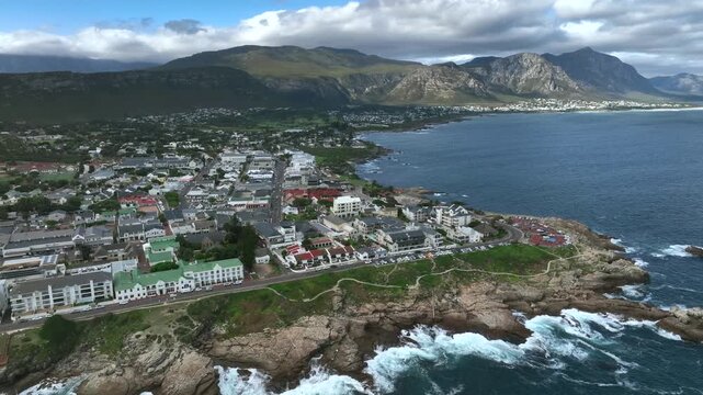 Aerial rotating view of Hermanus in South Africa.